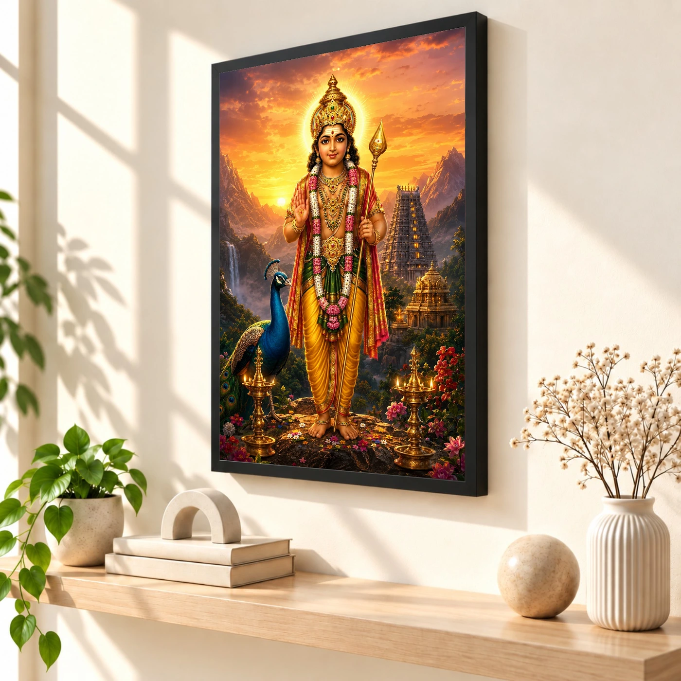 Murugan Kartikeya Serene Sunrise Blessing Photo Frame 2 Murugan Kartikeya Serene Sunrise Blessing Photo Frame — black frame console