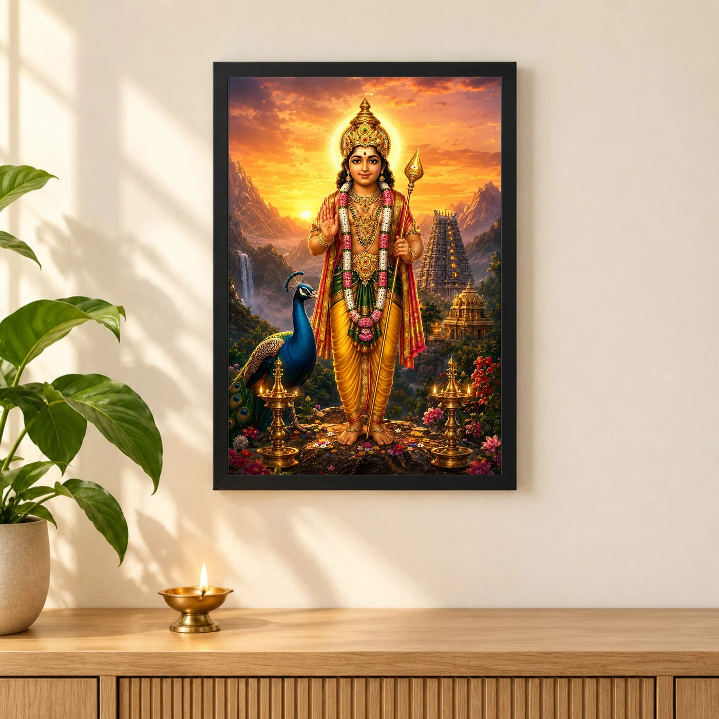 Murugan Kartikeya Serene Sunrise Blessing Photo Frame 3 Murugan Kartikeya Serene Sunrise Blessing Photo Frame — black frame pooja shelf
