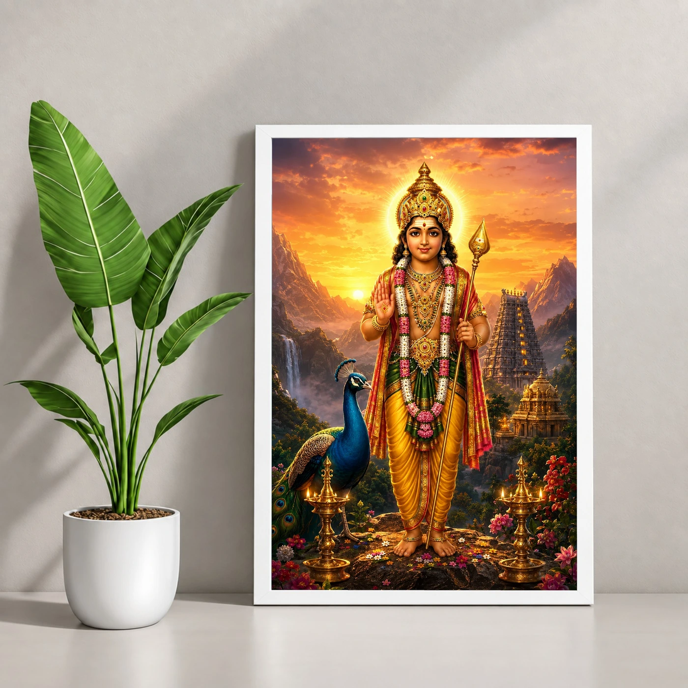 Murugan Kartikeya Serene Sunrise Blessing Photo Frame 4 Murugan Kartikeya Serene Sunrise Blessing Photo Frame — white frame console