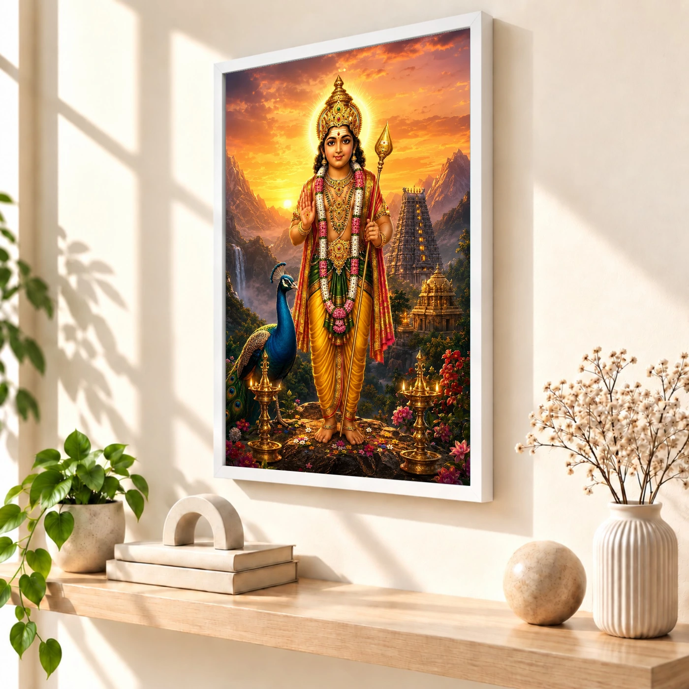 Murugan Kartikeya Serene Sunrise Blessing Photo Frame 7 Murugan Kartikeya Serene Sunrise Blessing Photo Frame — white frame warm console