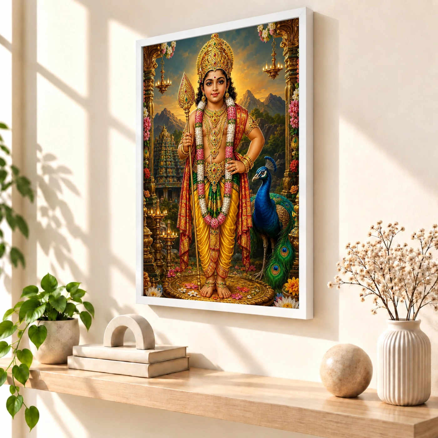 Murugan Kartikeya Royal Jewel-Toned Portrait Photo Frame 7 Murugan Kartikeya Royal Jewel-Toned Portrait Photo Frame — white frame warm console