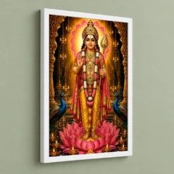 Murugan Kartikeya Lotus And Diya Radiance Photo Frame — white frame angled wall