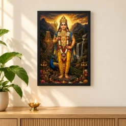 Murugan Kartikeya Traditional Indian Miniature-Inspired Devotional Art Photo Frame — black frame pooja shelf