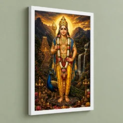 Murugan Kartikeya Traditional Indian Miniature-Inspired Devotional Art Photo Frame — white frame angled wall