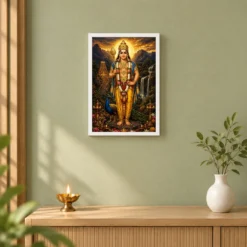 Murugan Kartikeya Traditional Indian Miniature-Inspired Devotional Art Photo Frame — white frame distant wall