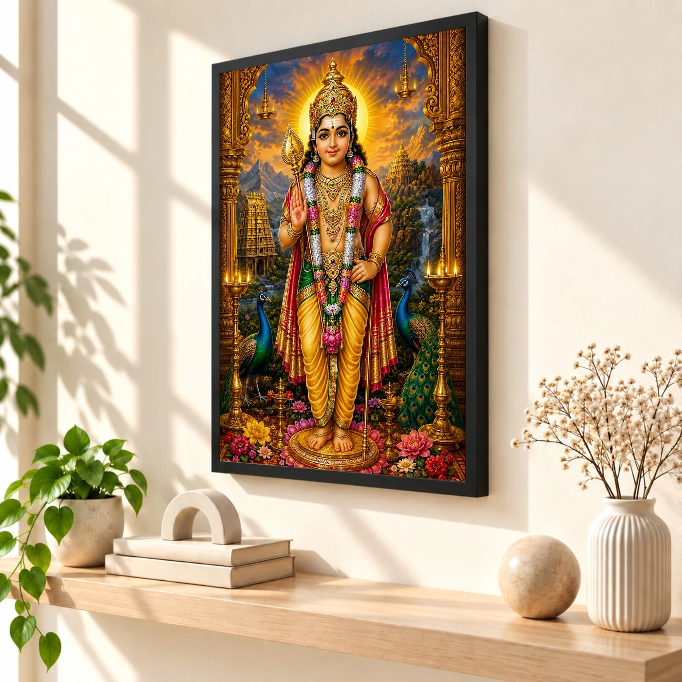 Murugan Kartikeya Peaceful Home Mandir Composition Photo Frame 2 Murugan Kartikeya Peaceful Home Mandir Composition Photo Frame — black frame console