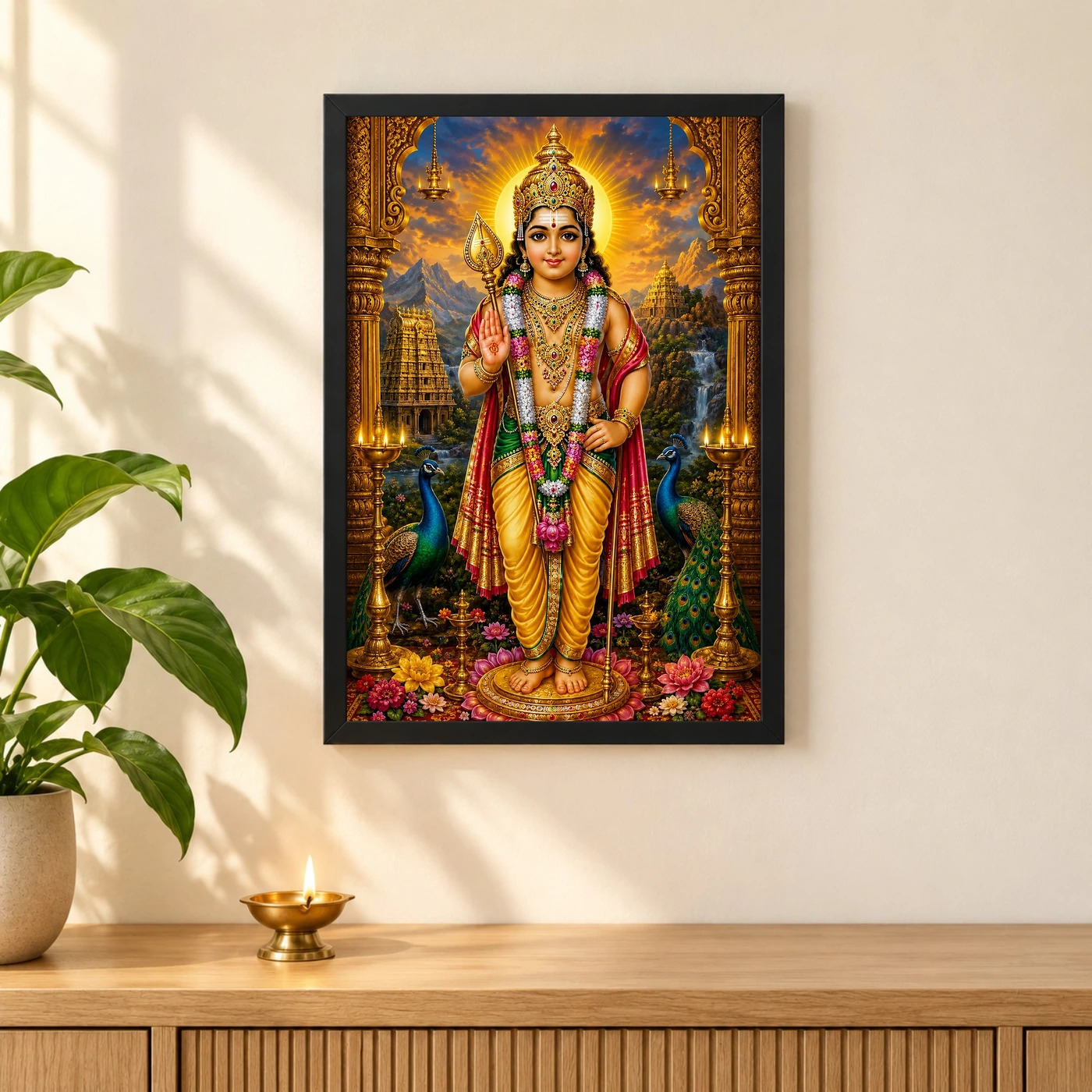Murugan Kartikeya Peaceful Home Mandir Composition Photo Frame 3 Murugan Kartikeya Peaceful Home Mandir Composition Photo Frame — black frame pooja shelf