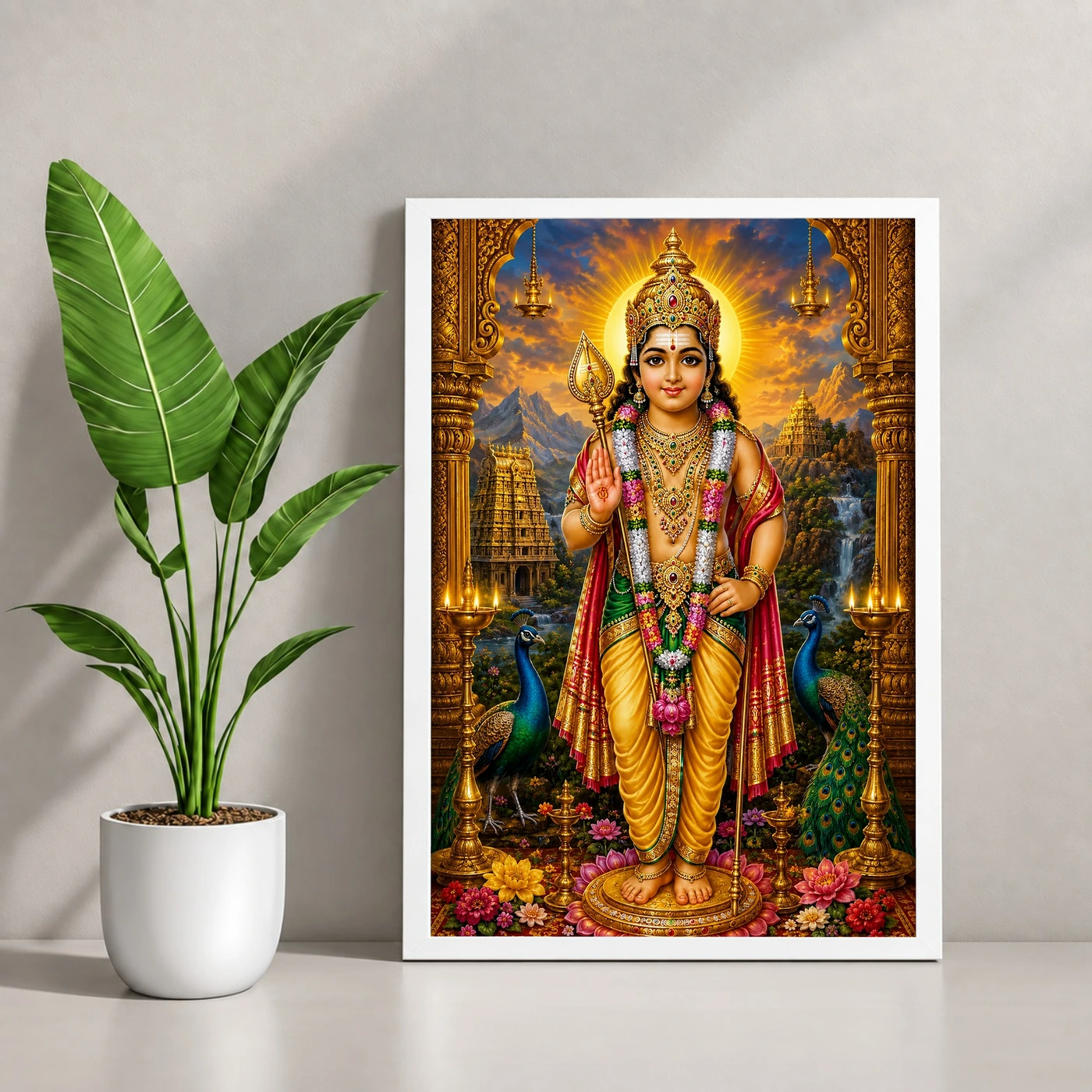Murugan Kartikeya Peaceful Home Mandir Composition Photo Frame 4 Murugan Kartikeya Peaceful Home Mandir Composition Photo Frame — white frame console