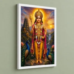 Murugan Kartikeya Vivid Premium Spiritual Poster Art Photo Frame — white frame angled wall
