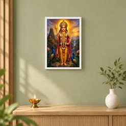 Murugan Kartikeya Vivid Premium Spiritual Poster Art Photo Frame — white frame distant wall