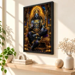 Shani Dev Ornate Golden Temple Darshan Photo Frame — black frame console