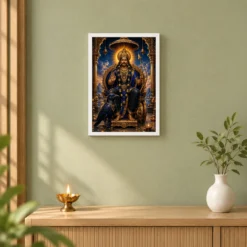 Shani Dev Traditional Indian Miniature-Inspired Devotional Art Photo Frame — white frame distant wall