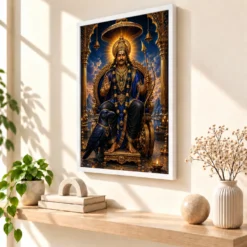 Shani Dev Traditional Indian Miniature-Inspired Devotional Art Photo Frame — white frame warm console