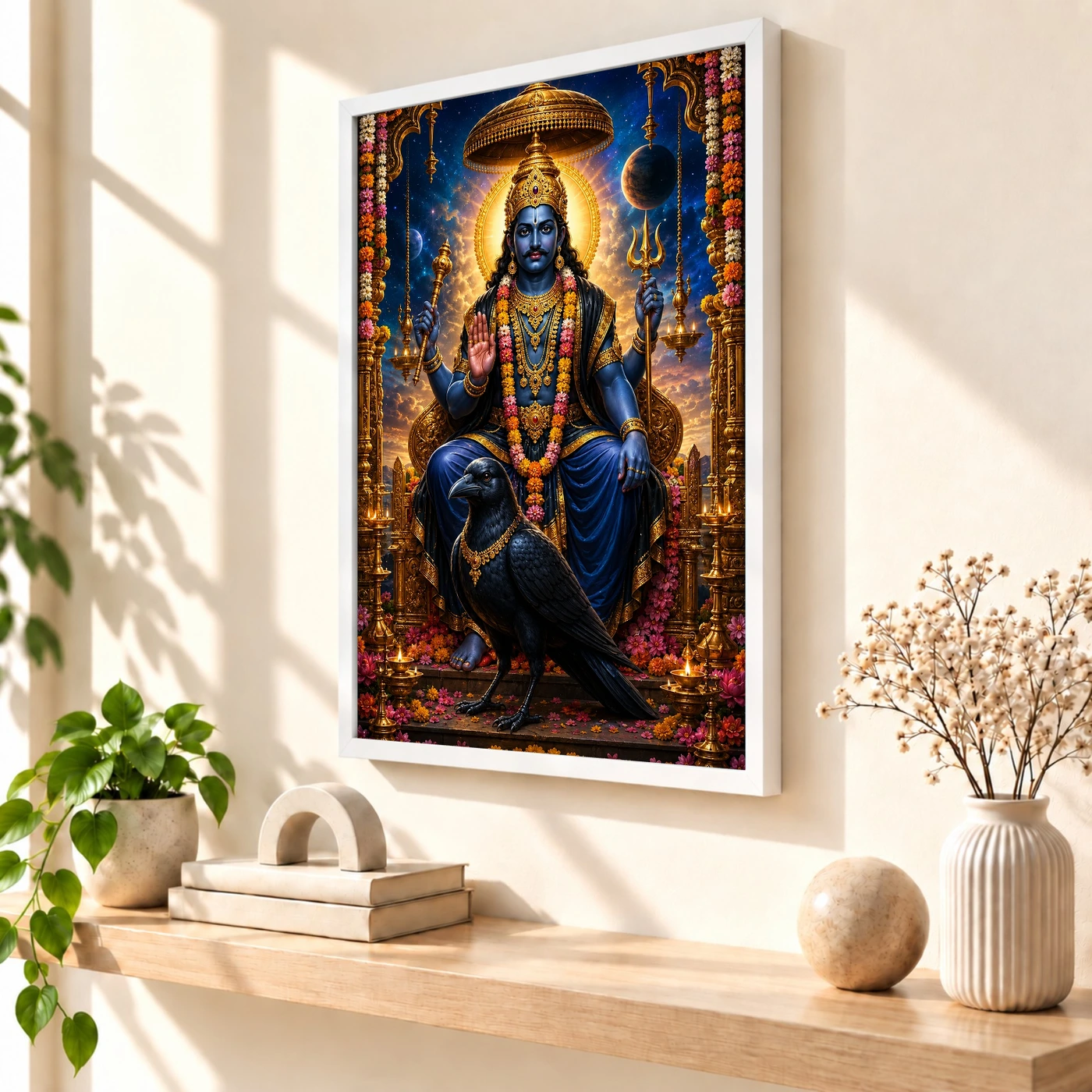 Shani Dev Grand Festival Flower Decoration Photo Frame 7 Shani Dev Grand Festival Flower Decoration Photo Frame — white frame warm console