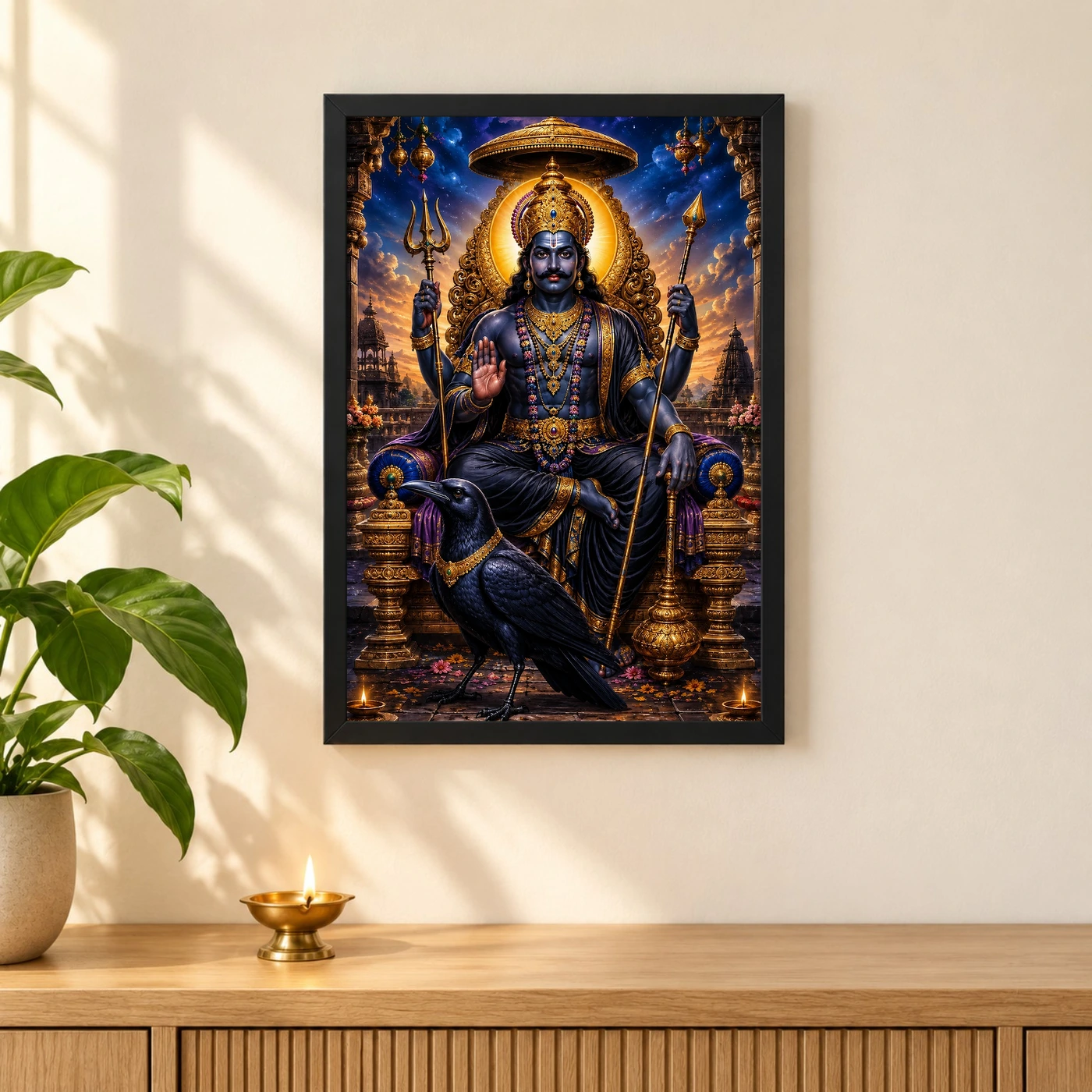 Shani Dev Vivid Premium Spiritual Poster Art Photo Frame 3 Shani Dev Vivid Premium Spiritual Poster Art Photo Frame — black frame pooja shelf