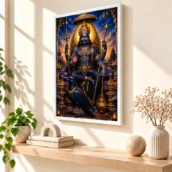 Shani Dev Vivid Premium Spiritual Poster Art Photo Frame 15 Shani Dev Vivid Premium Spiritual Poster Art Photo Frame — white frame warm console