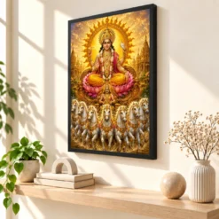 Surya Dev Ornate Golden Temple Darshan Photo Frame — black frame console