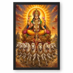 Surya Dev Traditional Indian Miniature-Inspired Devotional Art Photo Frame — black frame clean