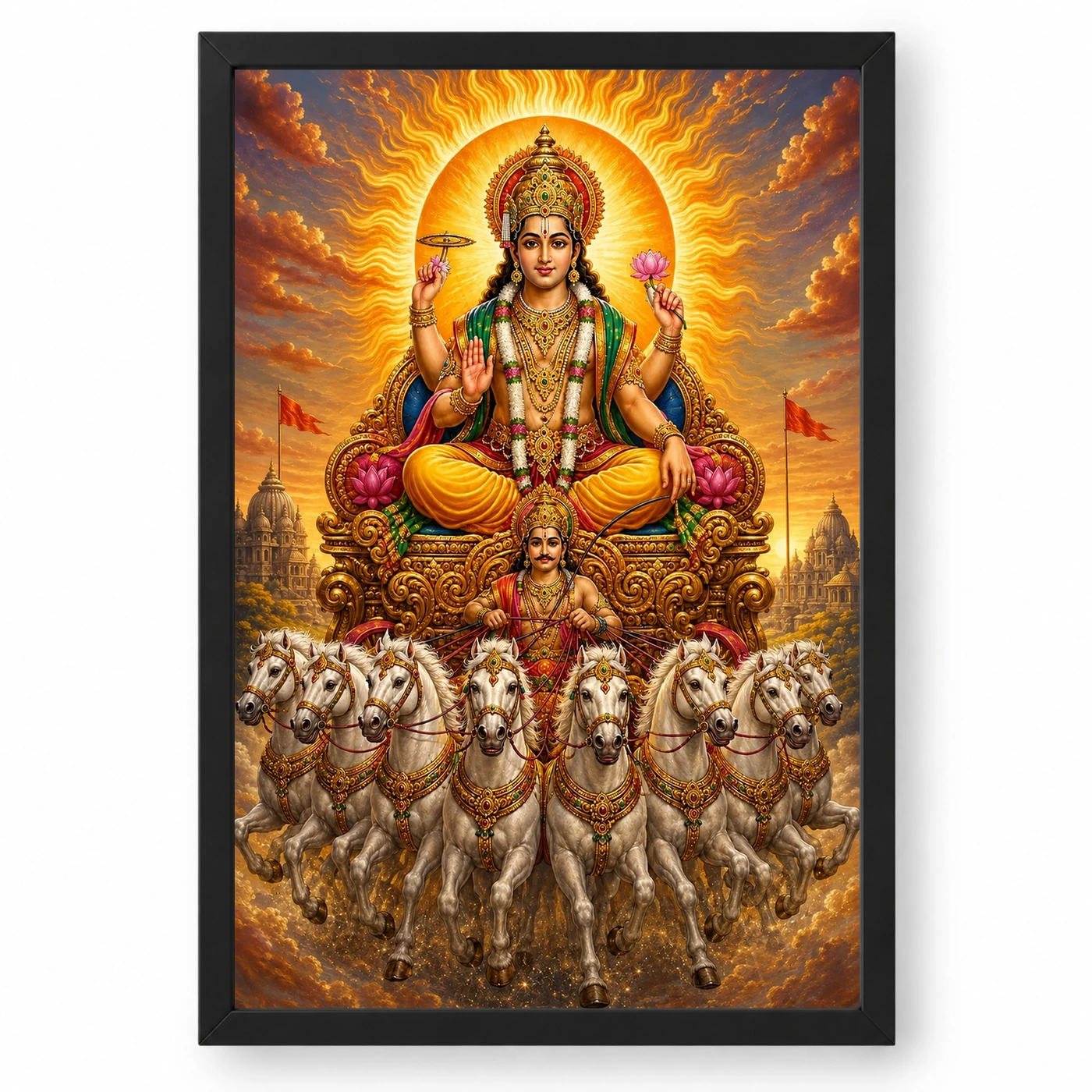 Surya Dev Traditional Indian Miniature-Inspired Devotional Art Photo Frame 1 Surya Dev Traditional Indian Miniature-Inspired Devotional Art Photo Frame — black frame clean