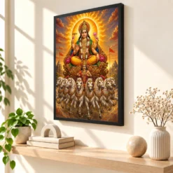Surya Dev Traditional Indian Miniature-Inspired Devotional Art Photo Frame — black frame console