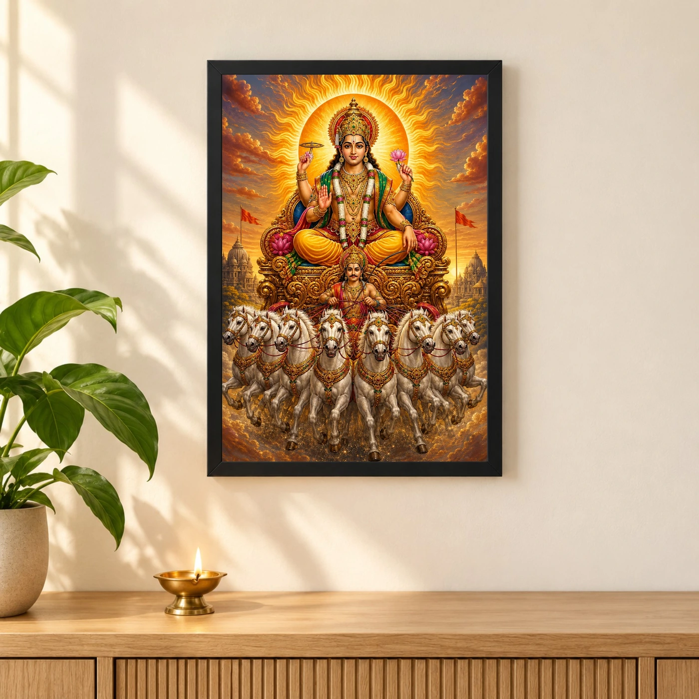 Surya Dev Traditional Indian Miniature-Inspired Devotional Art Photo Frame 3 Surya Dev Traditional Indian Miniature-Inspired Devotional Art Photo Frame — black frame pooja shelf