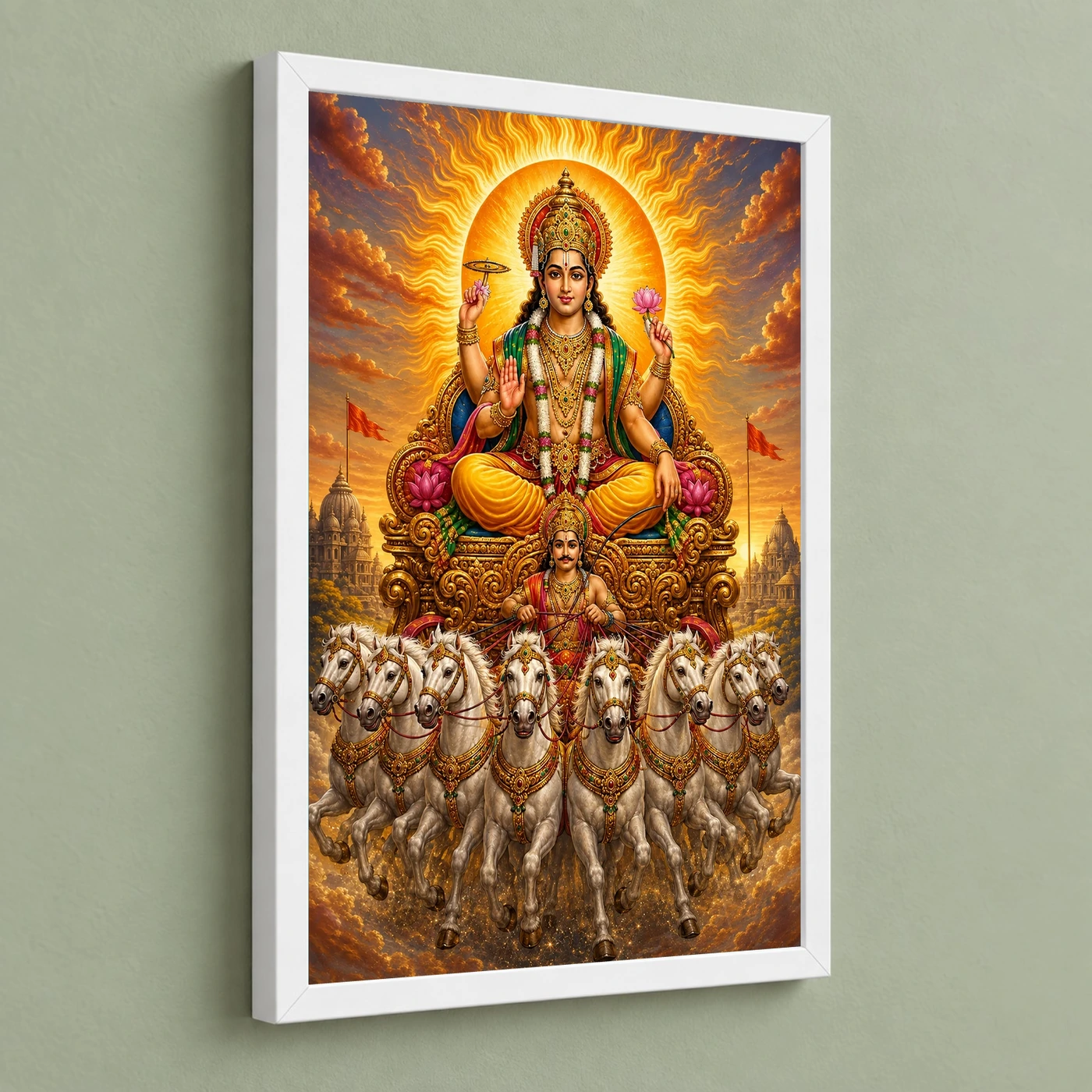 Surya Dev Traditional Indian Miniature-Inspired Devotional Art Photo Frame 5 Surya Dev Traditional Indian Miniature-Inspired Devotional Art Photo Frame — white frame angled wall