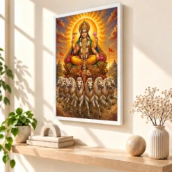 Surya Dev Traditional Indian Miniature-Inspired Devotional Art Photo Frame 15 Surya Dev Traditional Indian Miniature-Inspired Devotional Art Photo Frame — white frame warm console