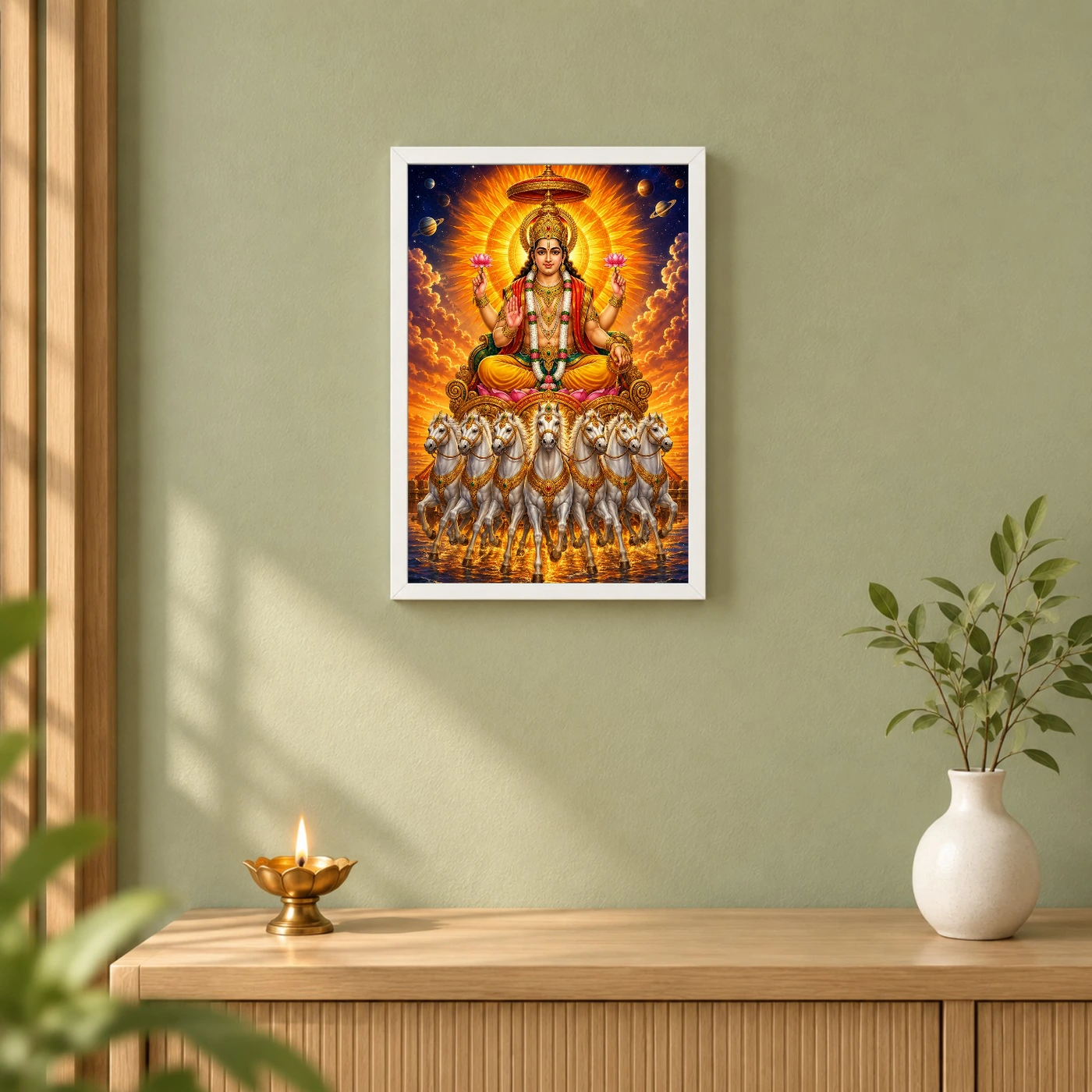 Surya Dev Cosmic Celestial Aura Photo Frame 6 Surya Dev Cosmic Celestial Aura Photo Frame — white frame distant wall