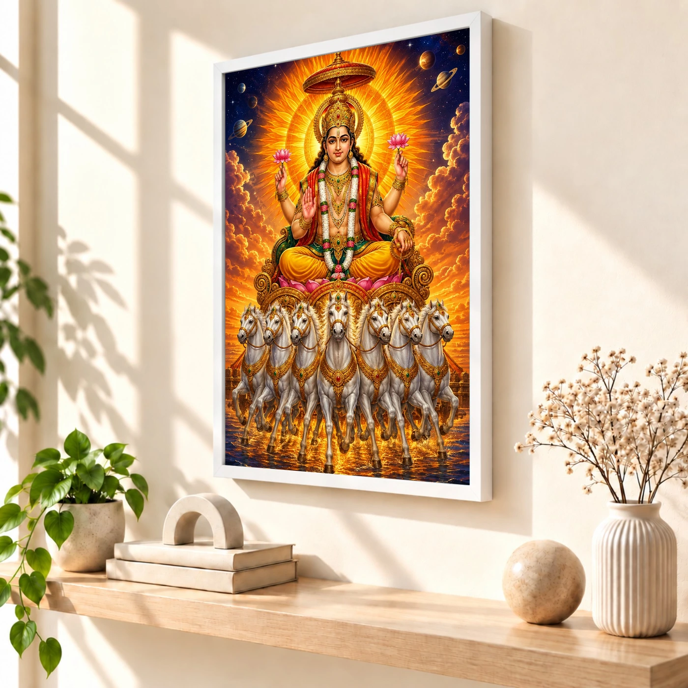 Surya Dev Cosmic Celestial Aura Photo Frame 7 Surya Dev Cosmic Celestial Aura Photo Frame — white frame warm console