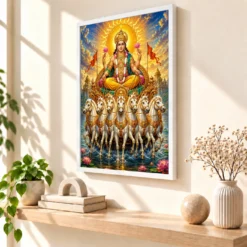 Surya Dev Peaceful Home Mandir Composition Photo Frame — white frame warm console