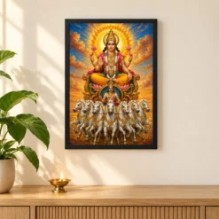 Surya Dev Vivid Premium Spiritual Poster Art Photo Frame 11 Surya Dev Vivid Premium Spiritual Poster Art Photo Frame — black frame pooja shelf