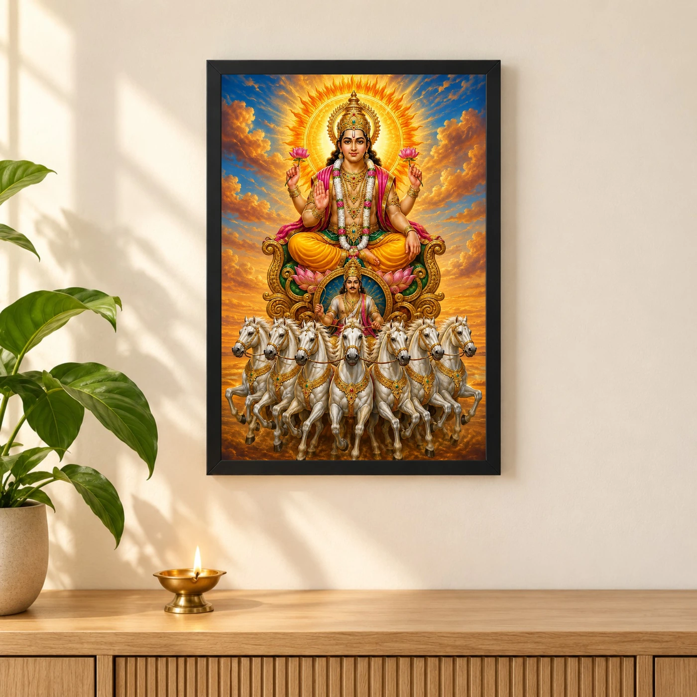 Surya Dev Vivid Premium Spiritual Poster Art Photo Frame 3 Surya Dev Vivid Premium Spiritual Poster Art Photo Frame — black frame pooja shelf