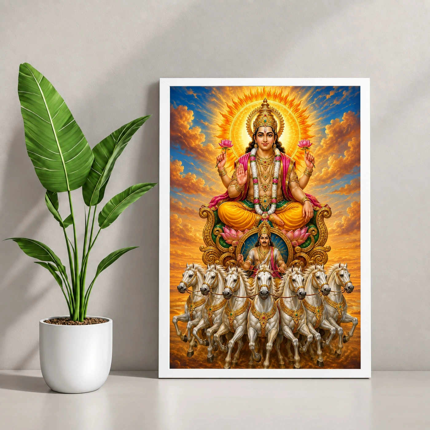 Surya Dev Vivid Premium Spiritual Poster Art Photo Frame 4 Surya Dev Vivid Premium Spiritual Poster Art Photo Frame — white frame console