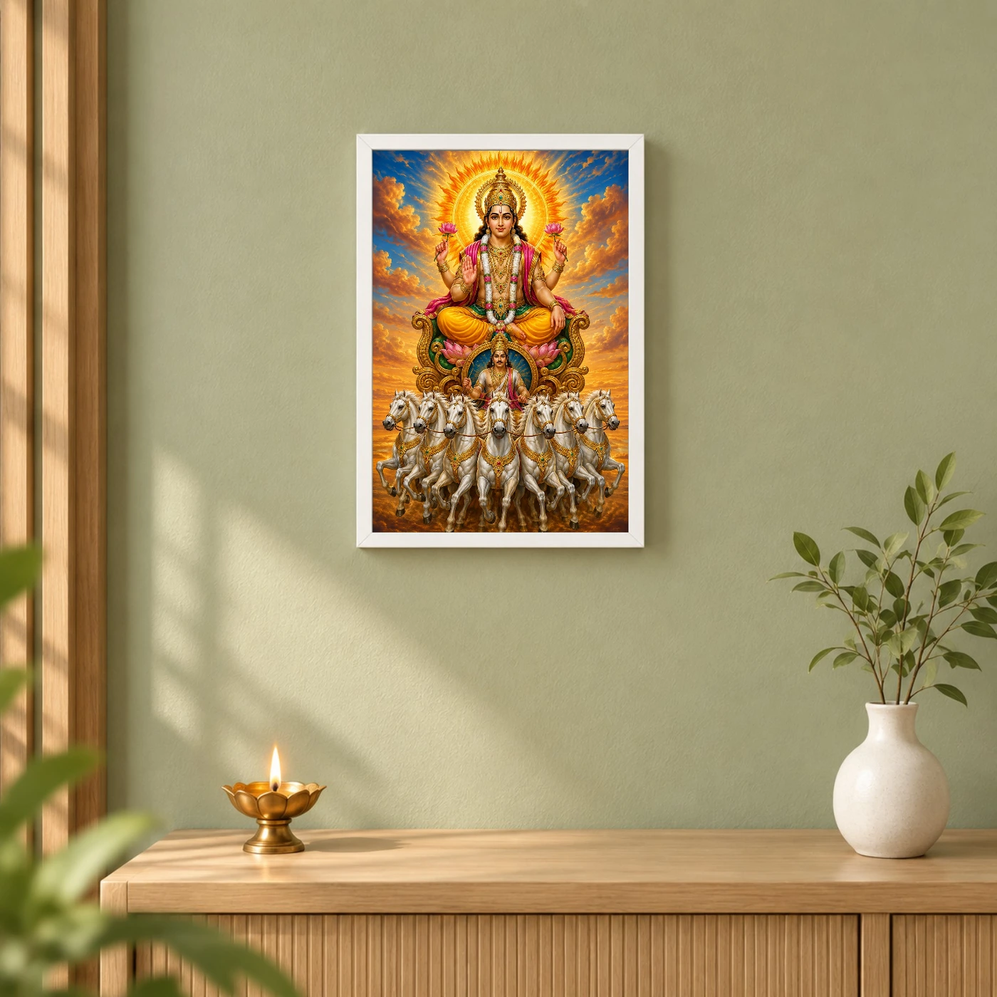 Surya Dev Vivid Premium Spiritual Poster Art Photo Frame 6 Surya Dev Vivid Premium Spiritual Poster Art Photo Frame — white frame distant wall