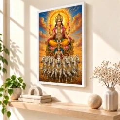 Surya Dev Vivid Premium Spiritual Poster Art Photo Frame 15 Surya Dev Vivid Premium Spiritual Poster Art Photo Frame — white frame warm console