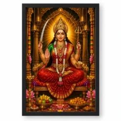 Santoshi Maa Ornate Golden Temple Darshan Photo Frame — black frame clean