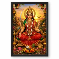 Santoshi Maa Serene Sunrise Blessing Photo Frame — black frame clean