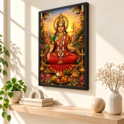 Santoshi Maa Serene Sunrise Blessing Photo Frame — black frame console