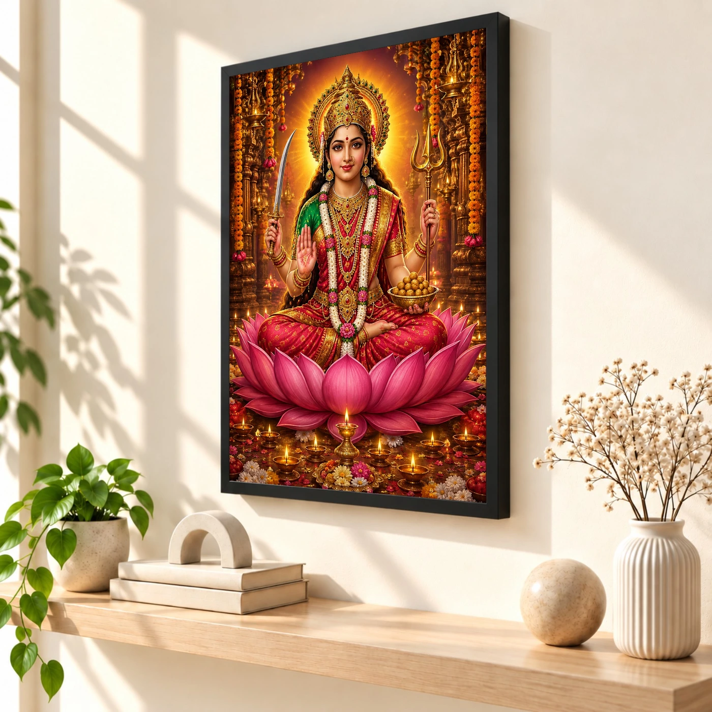 Santoshi Maa Lotus And Diya Radiance Photo Frame 2 Santoshi Maa Lotus And Diya Radiance Photo Frame — black frame console