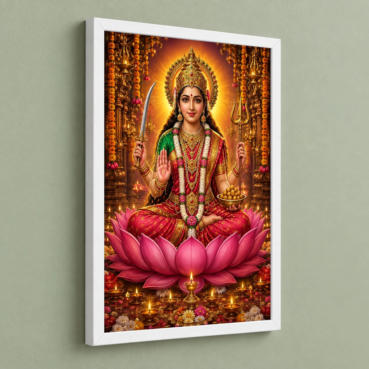 Santoshi Maa Lotus And Diya Radiance Photo Frame 5 Santoshi Maa Lotus And Diya Radiance Photo Frame — white frame angled wall