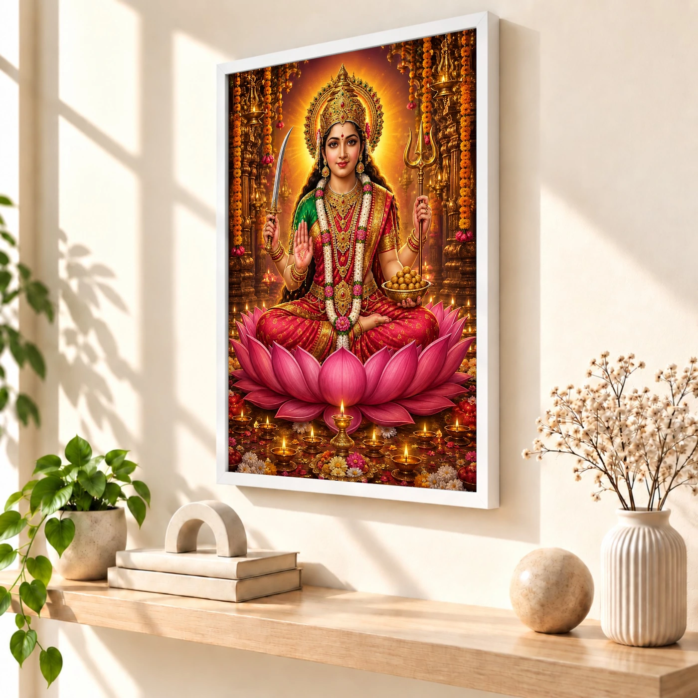 Santoshi Maa Lotus And Diya Radiance Photo Frame 7 Santoshi Maa Lotus And Diya Radiance Photo Frame — white frame warm console