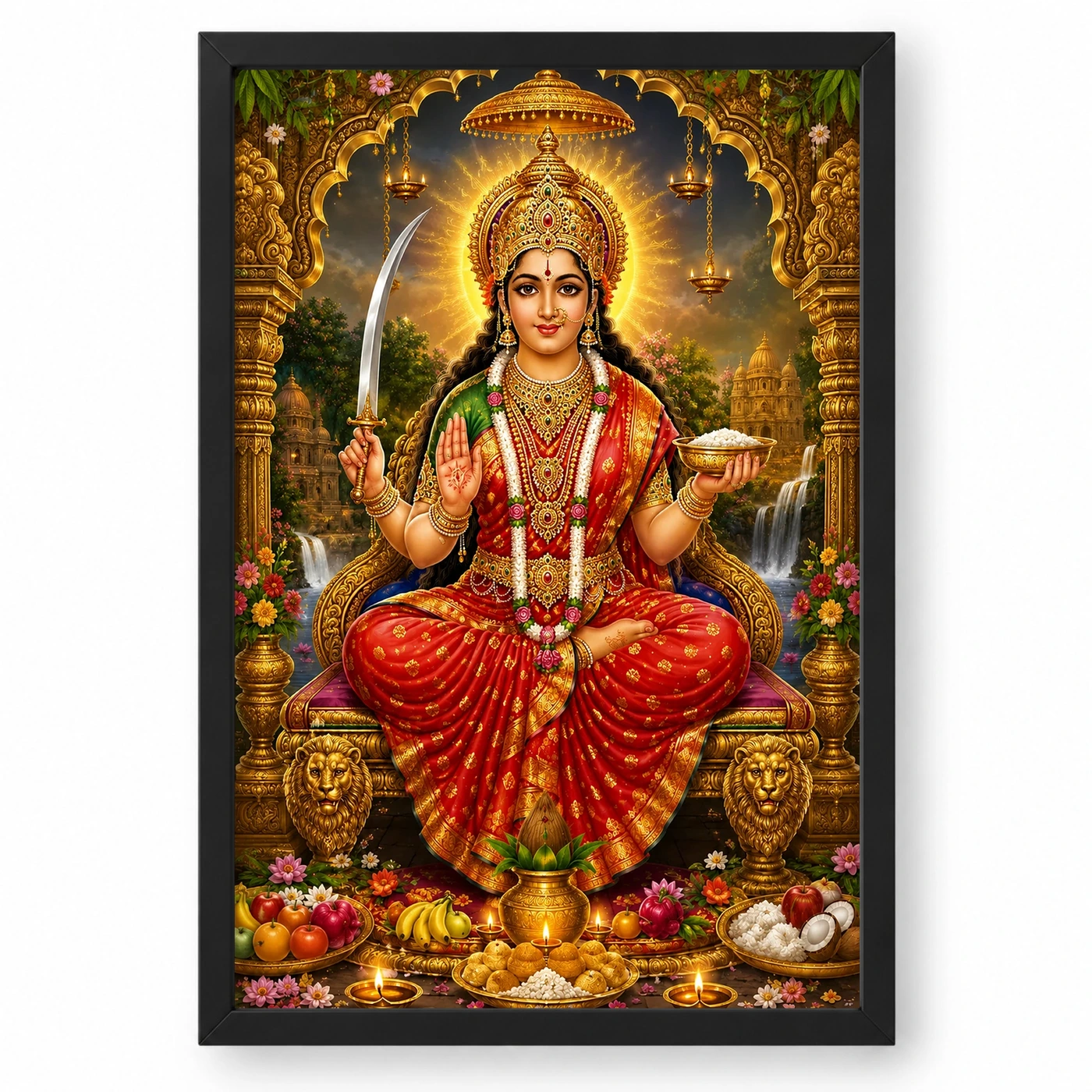 Santoshi Maa Traditional Indian Miniature-Inspired Devotional Art Photo Frame 1 Santoshi Maa Traditional Indian Miniature-Inspired Devotional Art Photo Frame — black frame clean
