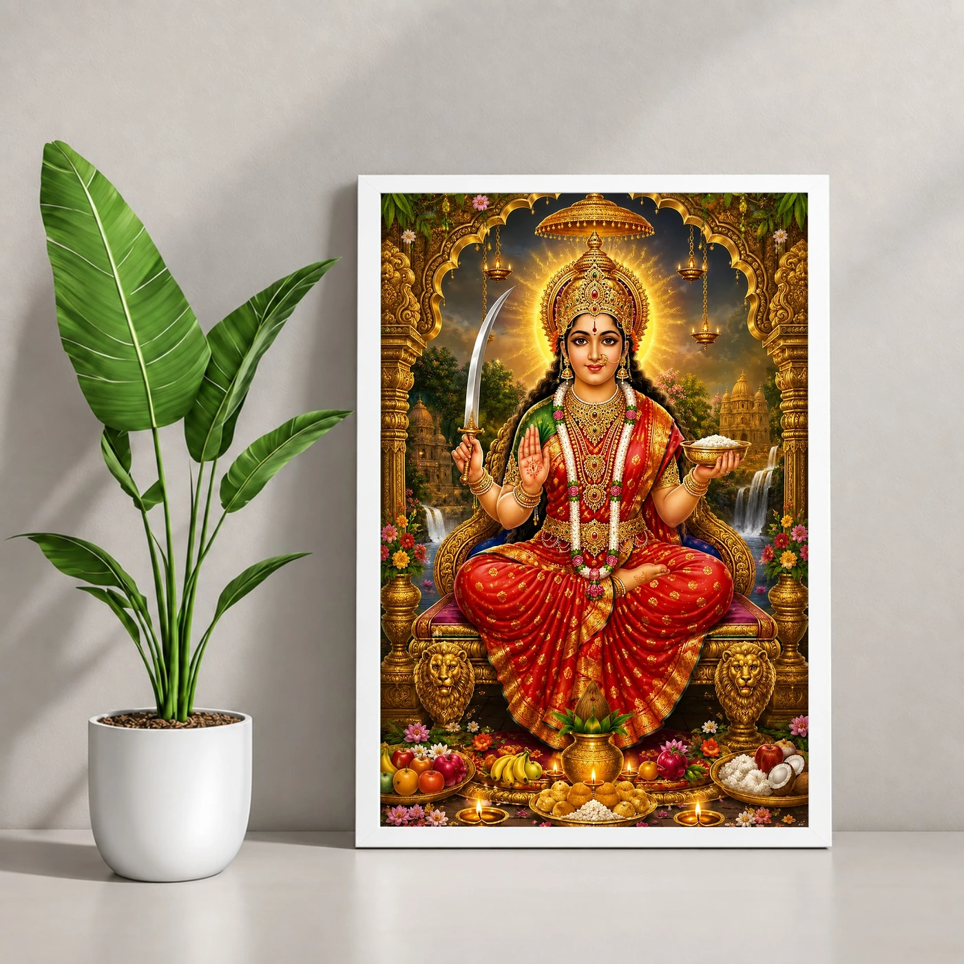 Santoshi Maa Traditional Indian Miniature-Inspired Devotional Art Photo Frame 4 Santoshi Maa Traditional Indian Miniature-Inspired Devotional Art Photo Frame — white frame console