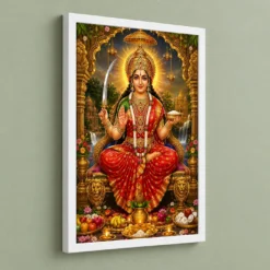 Santoshi Maa Traditional Indian Miniature-Inspired Devotional Art Photo Frame 13 Santoshi Maa Traditional Indian Miniature-Inspired Devotional Art Photo Frame — white frame angled wall