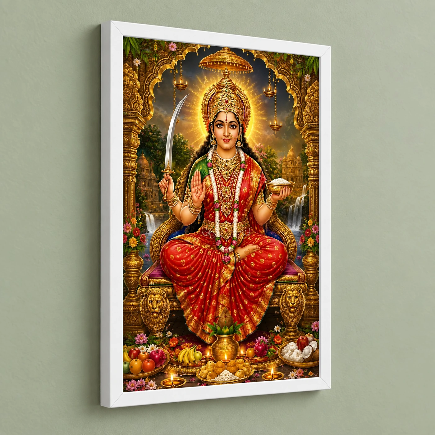 Santoshi Maa Traditional Indian Miniature-Inspired Devotional Art Photo Frame 5 Santoshi Maa Traditional Indian Miniature-Inspired Devotional Art Photo Frame — white frame angled wall