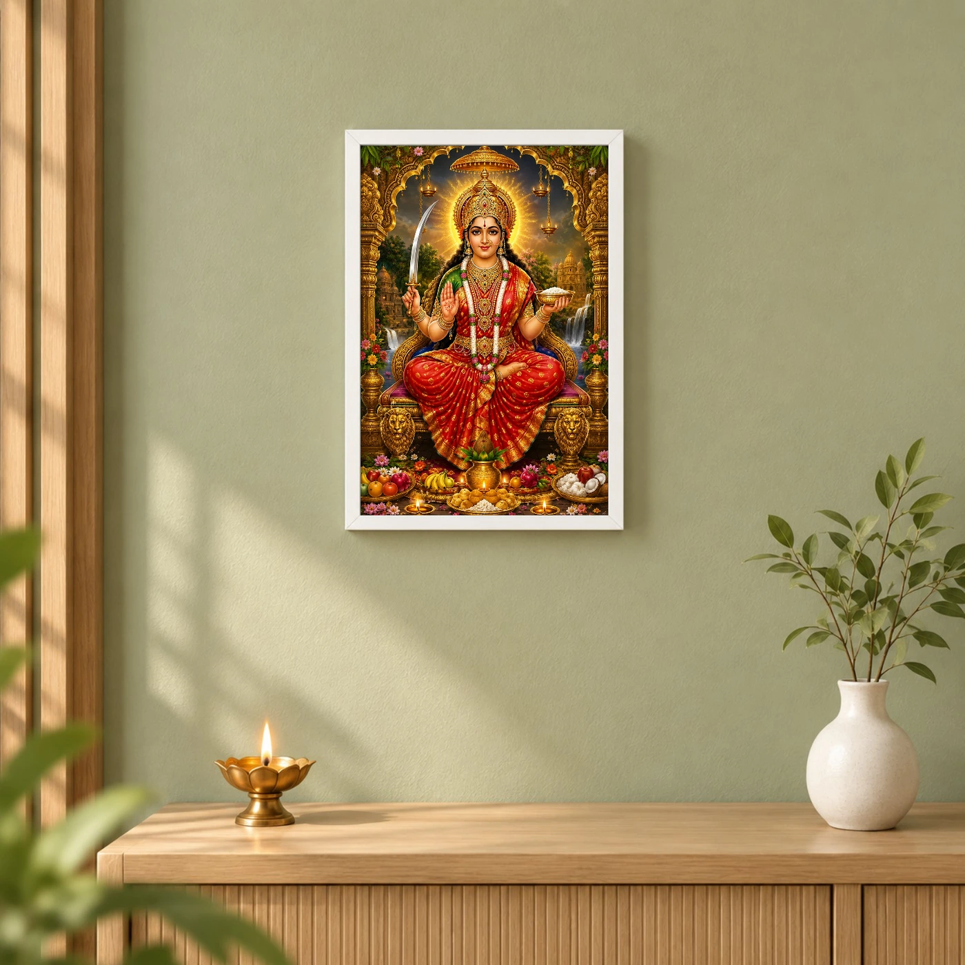 Santoshi Maa Traditional Indian Miniature-Inspired Devotional Art Photo Frame 6 Santoshi Maa Traditional Indian Miniature-Inspired Devotional Art Photo Frame — white frame distant wall