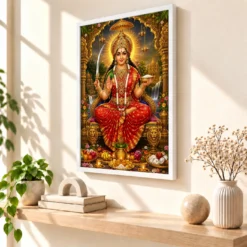 Santoshi Maa Traditional Indian Miniature-Inspired Devotional Art Photo Frame 15 Santoshi Maa Traditional Indian Miniature-Inspired Devotional Art Photo Frame — white frame warm console