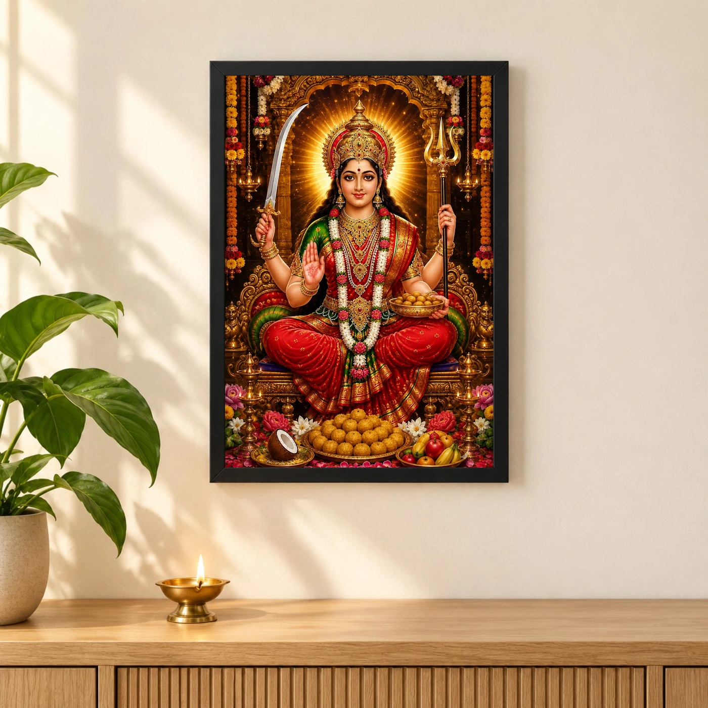 Santoshi Maa Grand Festival Flower Decoration Photo Frame 3 Santoshi Maa Grand Festival Flower Decoration Photo Frame — black frame pooja shelf