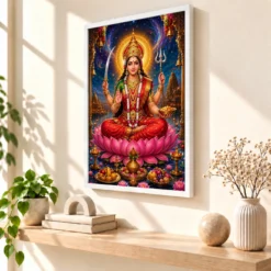 Santoshi Maa Cosmic Celestial Aura Photo Frame — white frame warm console