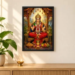 Santoshi Maa Peaceful Home Mandir Composition Photo Frame 11 Santoshi Maa Peaceful Home Mandir Composition Photo Frame — black frame pooja shelf